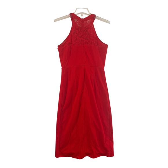 Red Lace Halter Midi Dress BBonfinedress Ruched Tulip Hem Cocktail Womens M NWOT - Picture 6 of 8